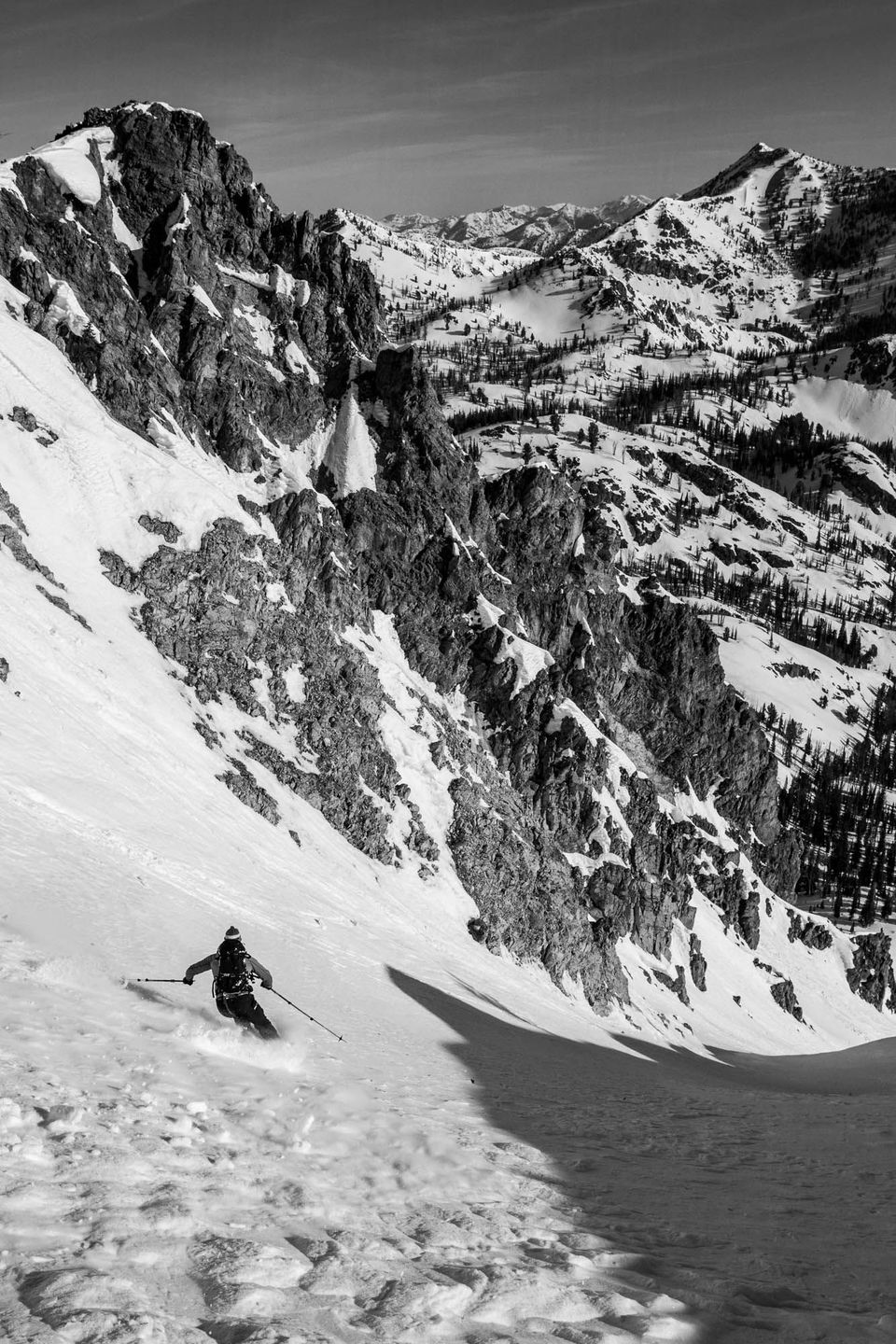 Couloir Skiing. Matt Leidecker enjoys some earned turns in the Idaho backcountry.