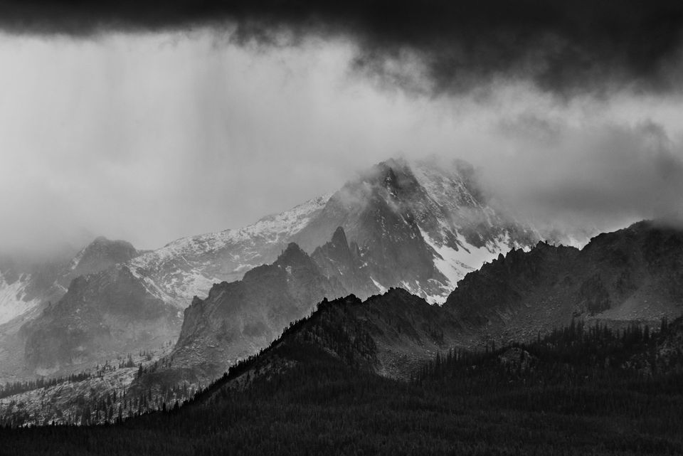 Decker Peak, Sawtooth Mountains, Idaho. The first snow of the coming winter falls over Decker Peak, one of the Sawtooths' highest summits.