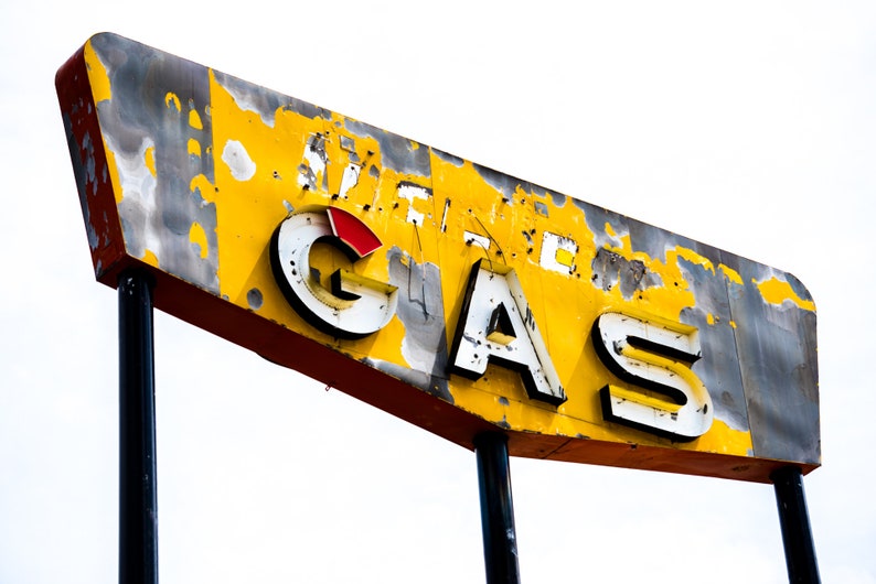 Gas Ahead. Old signs still have beautiful color and life.