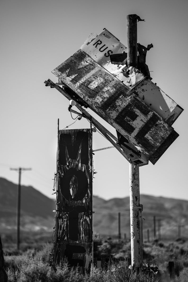 Motel 395. A deserted sign along Highway 395 in California. Fujicolor Crystal Archive print, black and white.