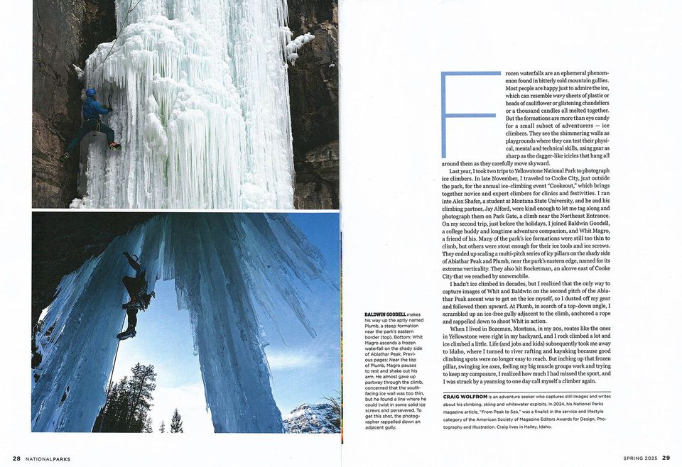 National Parks Magazine: Yellowstone ice climbing, photograph by Craig Wolfrom