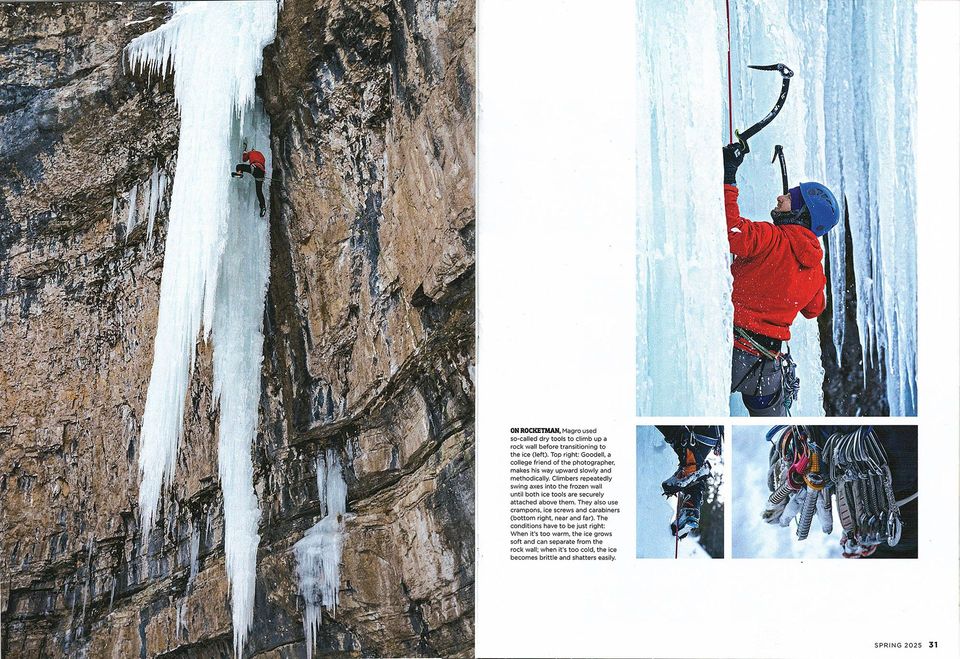 National Parks Magazine: Yellowstone ice climbing, photograph by Craig Wolfrom