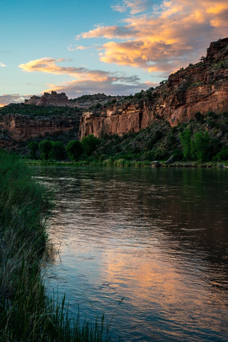 Rattlesnake Canyon from the Colorado River. Early morning on the banks of the Colorado River in Ruby-Horsethief Canyon, looking across at Rattlesnake Canyon.