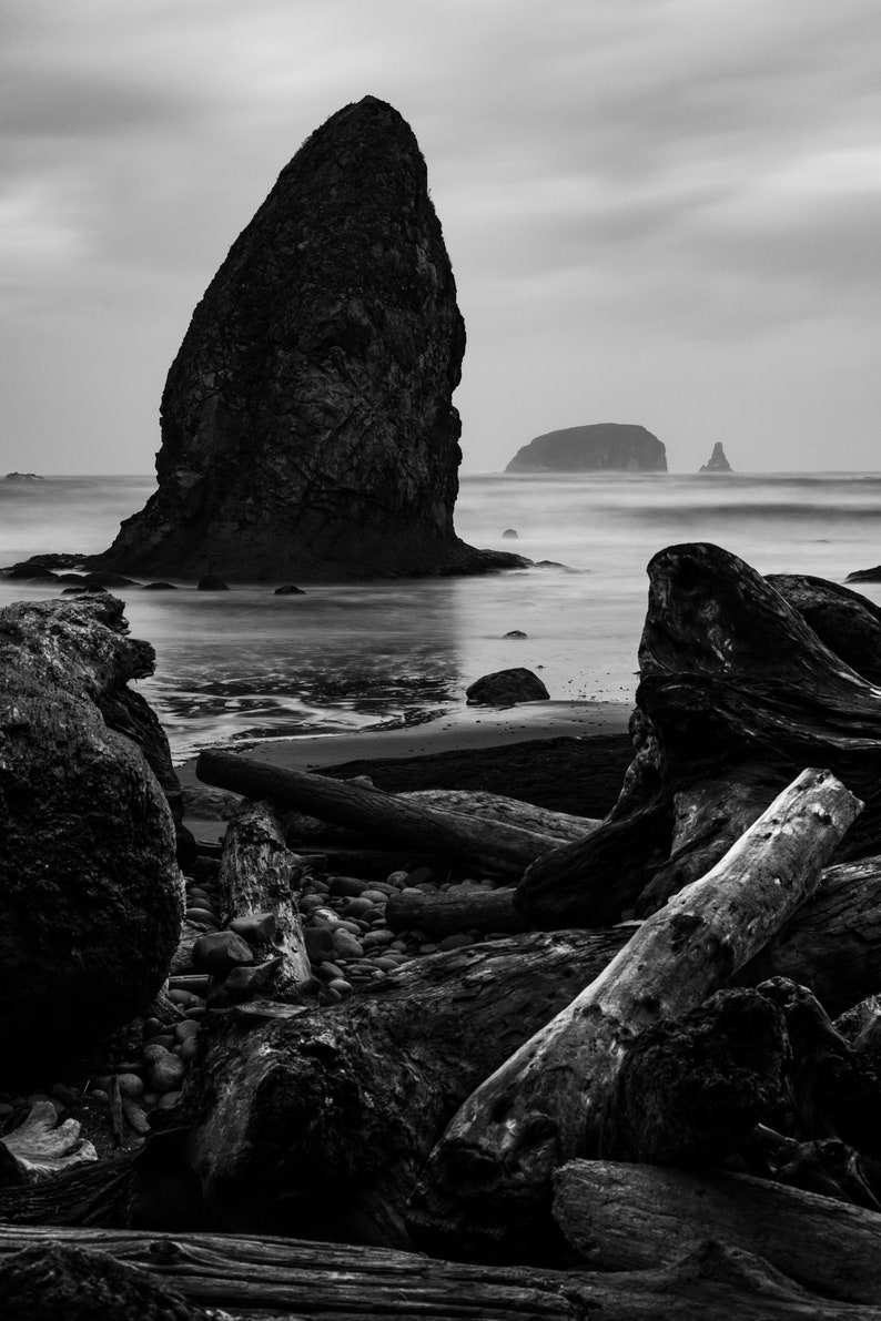 Storm and Sea Stacks No. 1, Olympic National Park. Stormy skies and waves crash against sea stacks on Washington's Olympic coast. Black and white.