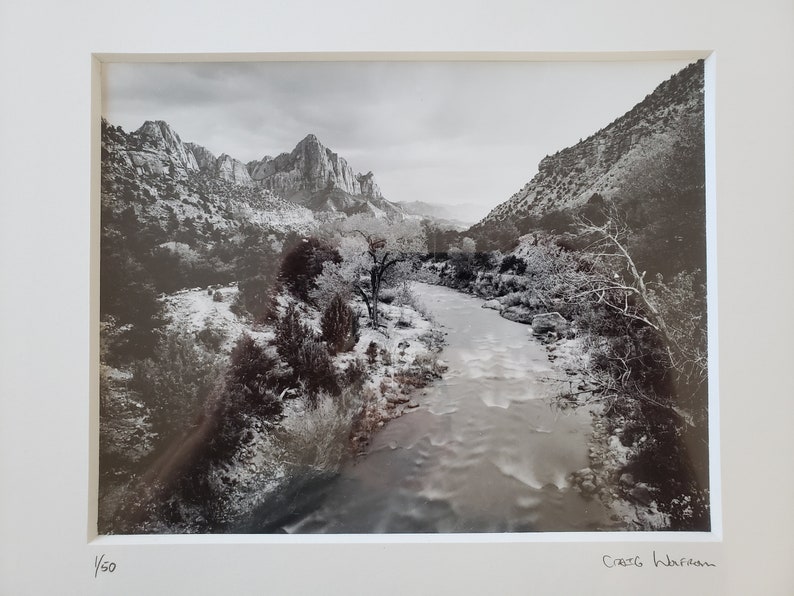 Watchman Tower, Zion National Park, Utah. A framed 8x10 silver gelatin print, made with my 4x5 field camera, of the Virgin River below the Watchman. One available. Frame is 20 x 19 inches.